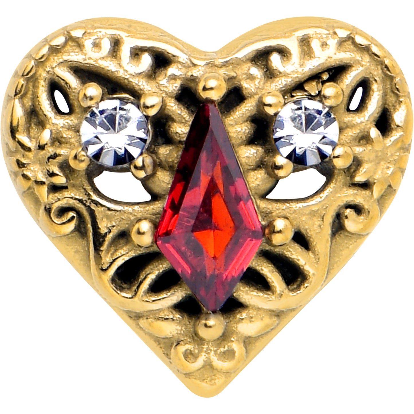 Red CZ Gem Gold Tone Heart Queen Barbell Tongue Ring BodyCandy