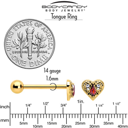 Red CZ Gem Gold Tone Heart Queen Barbell Tongue Ring BodyCandy