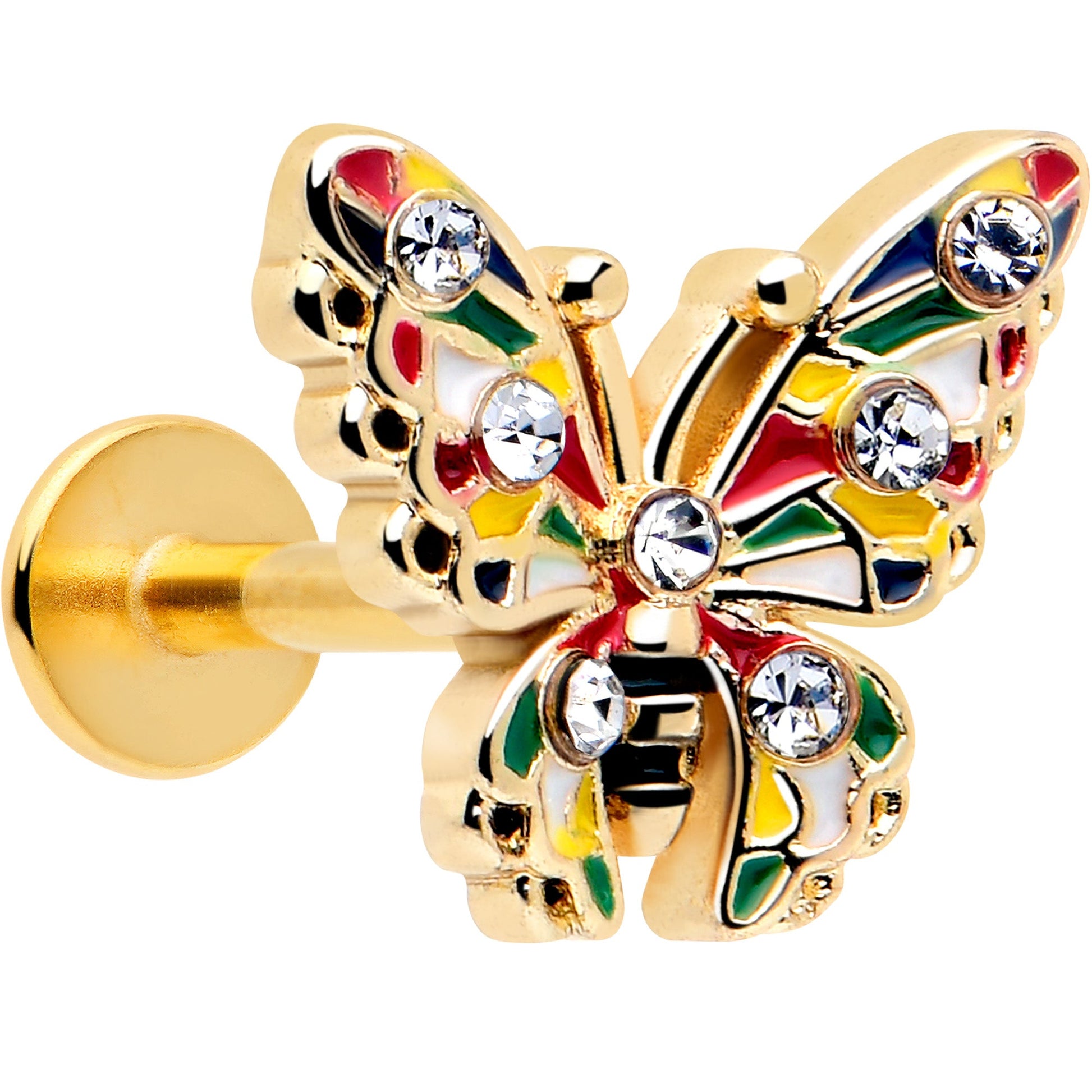16G 1/4 Clear Gem Gold Tone Color Block Butterfly Labret BodyCandy