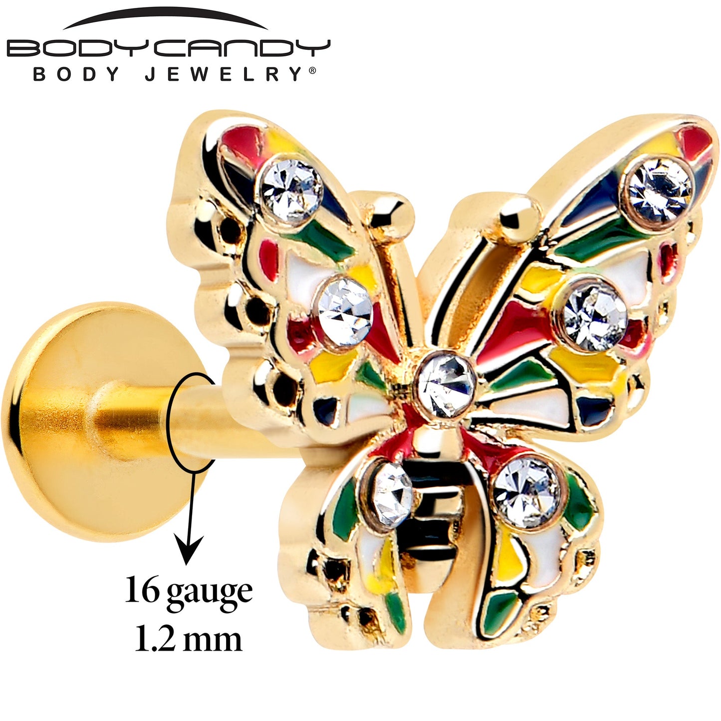 16G 1/4 Clear Gem Gold Tone Color Block Butterfly Labret BodyCandy