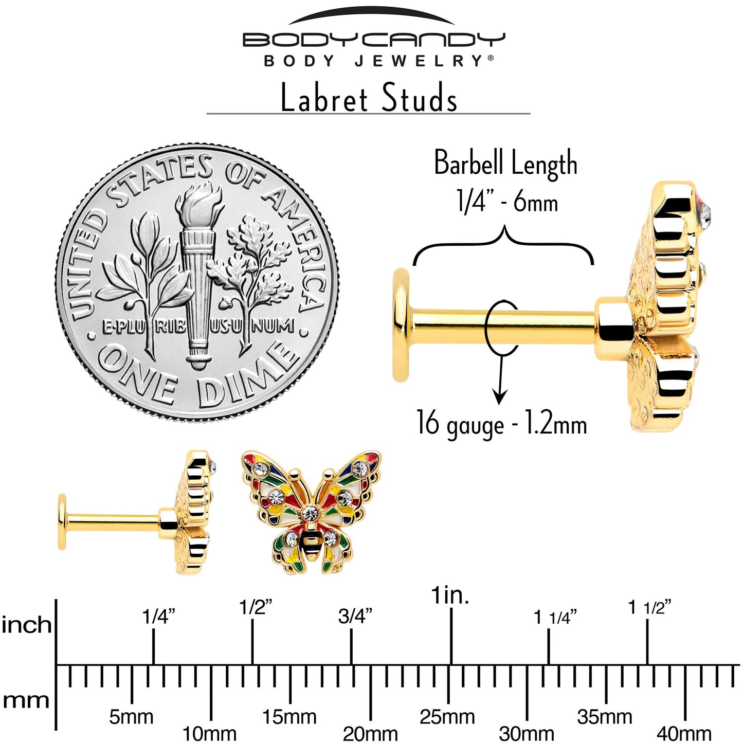 16G 1/4 Clear Gem Gold Tone Color Block Butterfly Labret BodyCandy