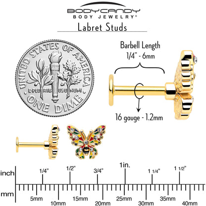 16G 1/4 Clear Gem Gold Tone Color Block Butterfly Labret BodyCandy