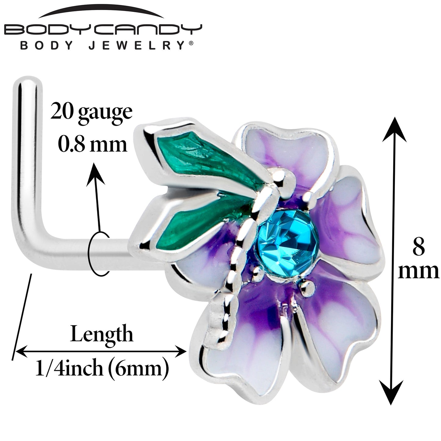 20G 7mm Blue Gem Faerie Flower Purple L Shape Nose Ring BodyCandy