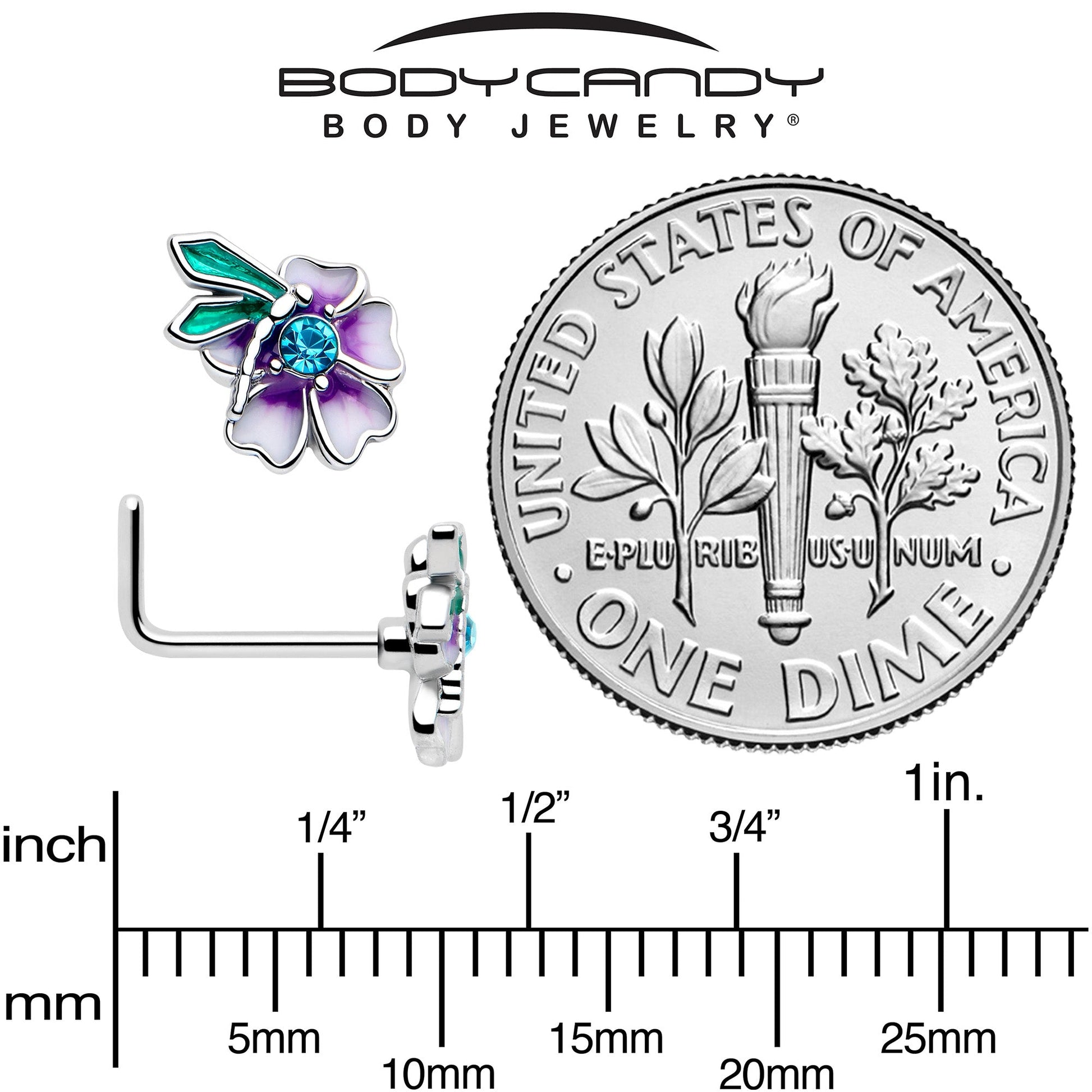 20G 7mm Blue Gem Faerie Flower Purple L Shape Nose Ring BodyCandy
