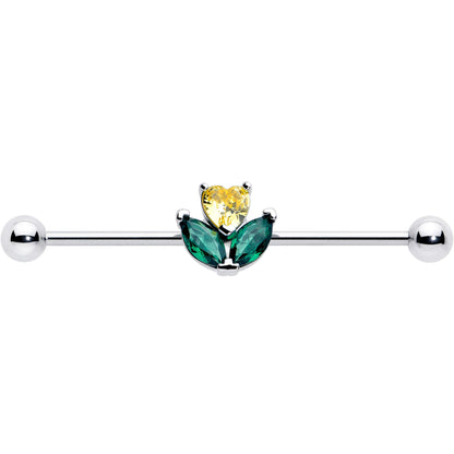 14G Yellow Green CZ Gem Love Flower Industrial Barbell 38mm