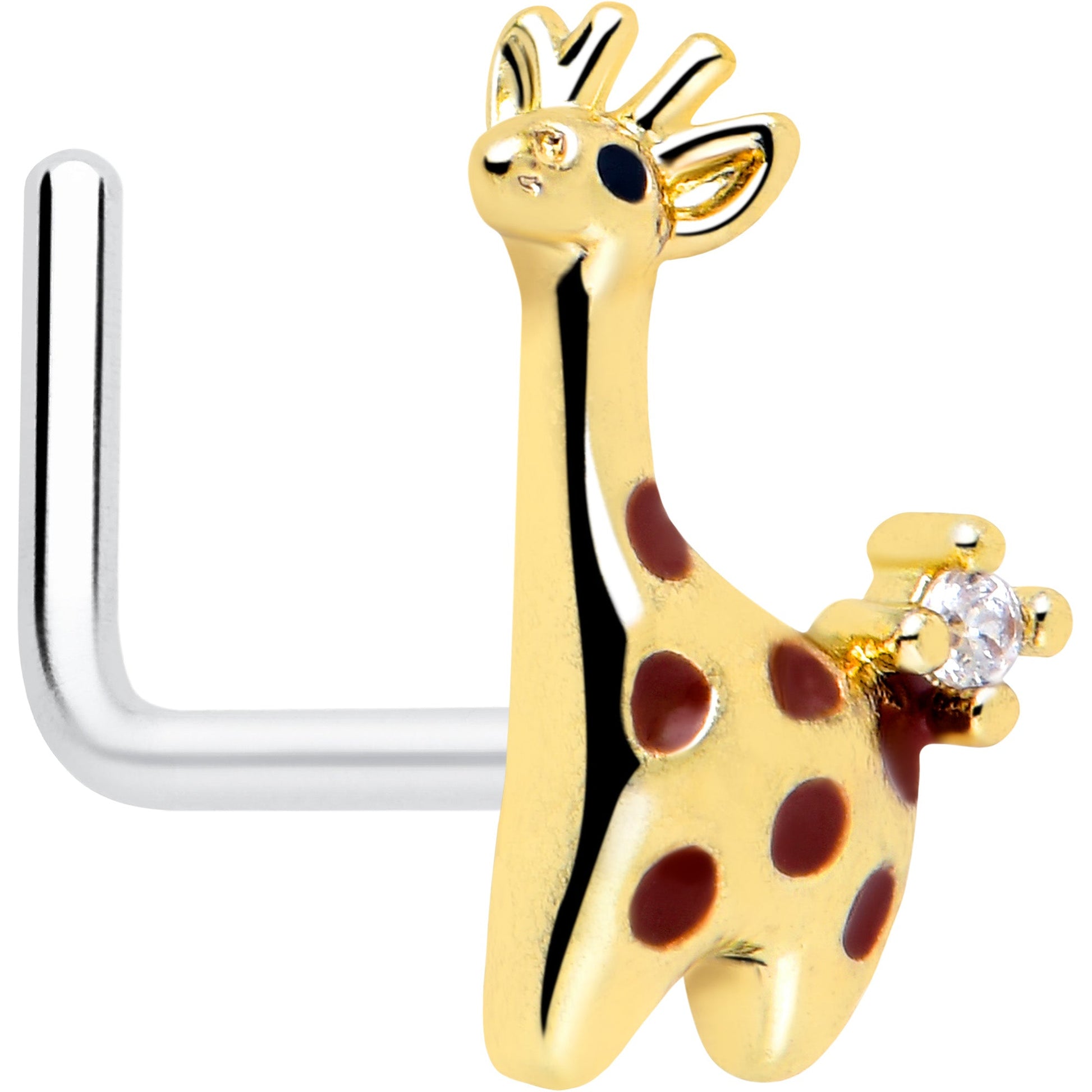 20G 7mm Clear CZ Gem Golden Giraffe L Shape Nose Ring BodyCandy