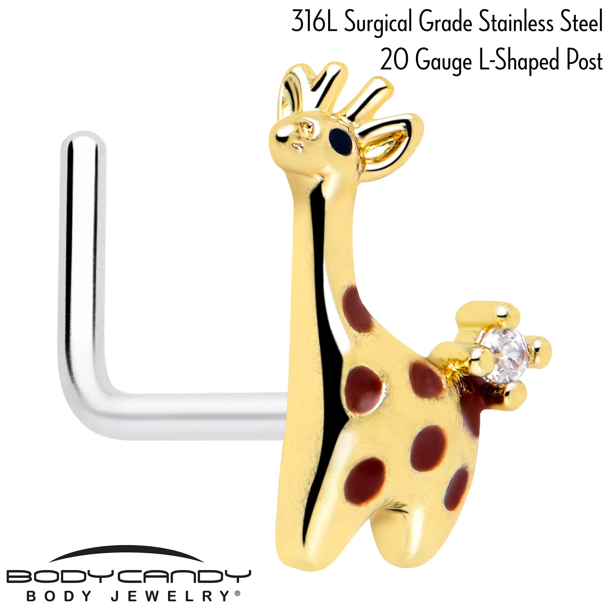 20G 7mm Clear CZ Gem Golden Giraffe L Shape Nose Ring BodyCandy