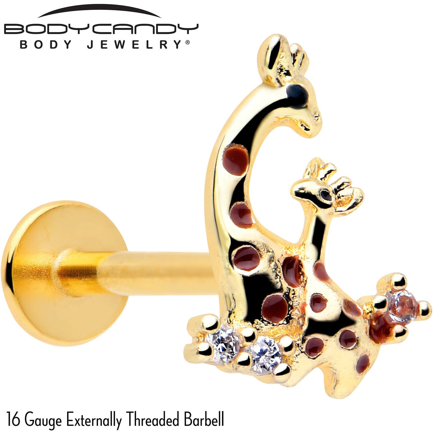 16G 5/16 Clear CZ Gem Gold Tone Mom Baby Giraffe Flatback Stud BodyCandy