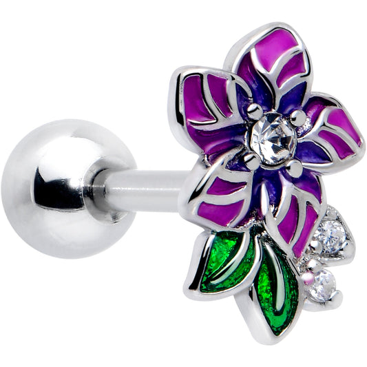 16G 1/4 Clear CZ Gem Flower Purple Cartilage Tragus Earring BodyCandy