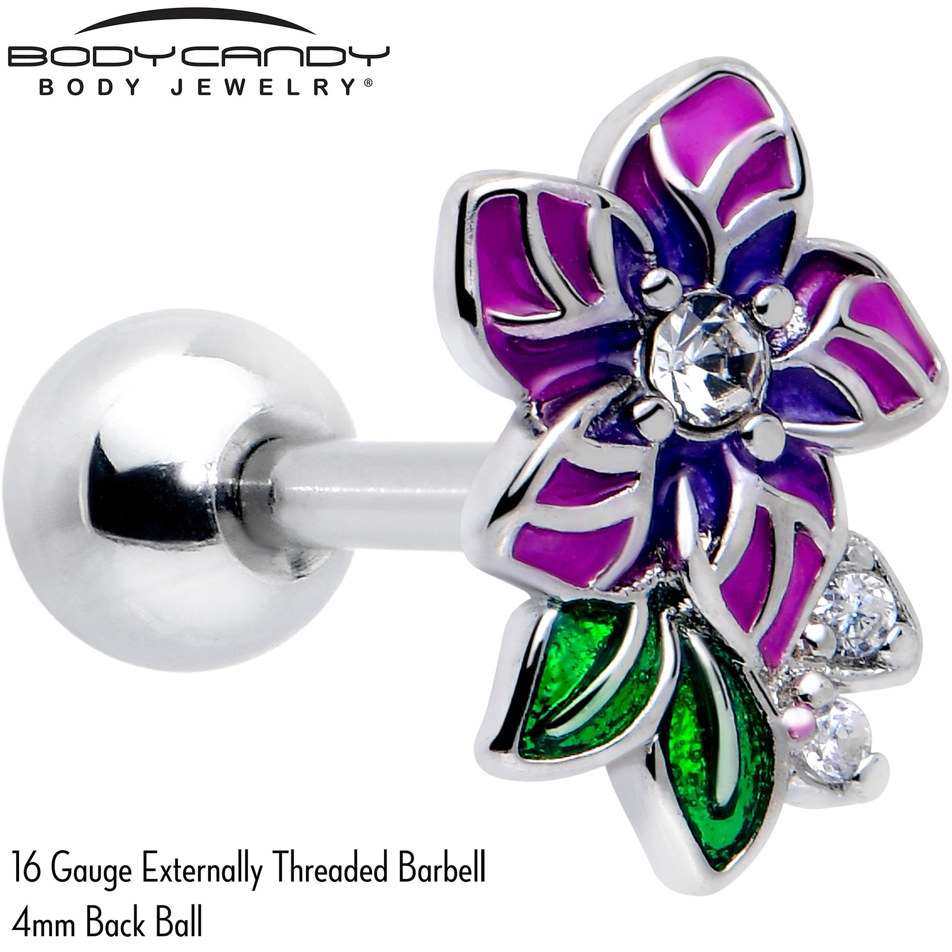 16G 1/4 Clear CZ Gem Flower Purple Cartilage Tragus Earring BodyCandy