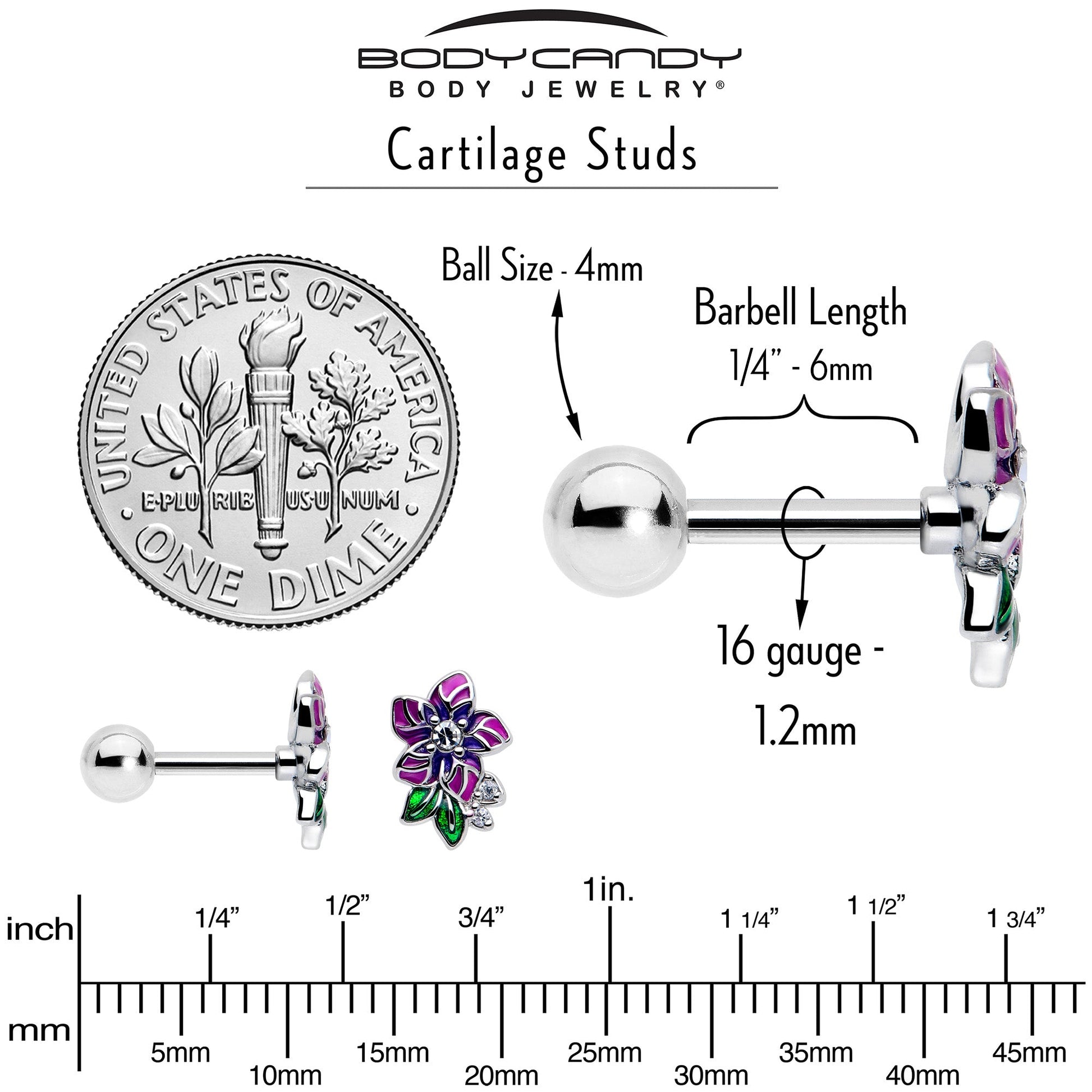 16G 1/4 Clear CZ Gem Flower Purple Cartilage Tragus Earring BodyCandy