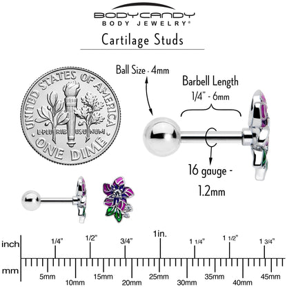 16G 1/4 Clear CZ Gem Flower Purple Cartilage Tragus Earring BodyCandy