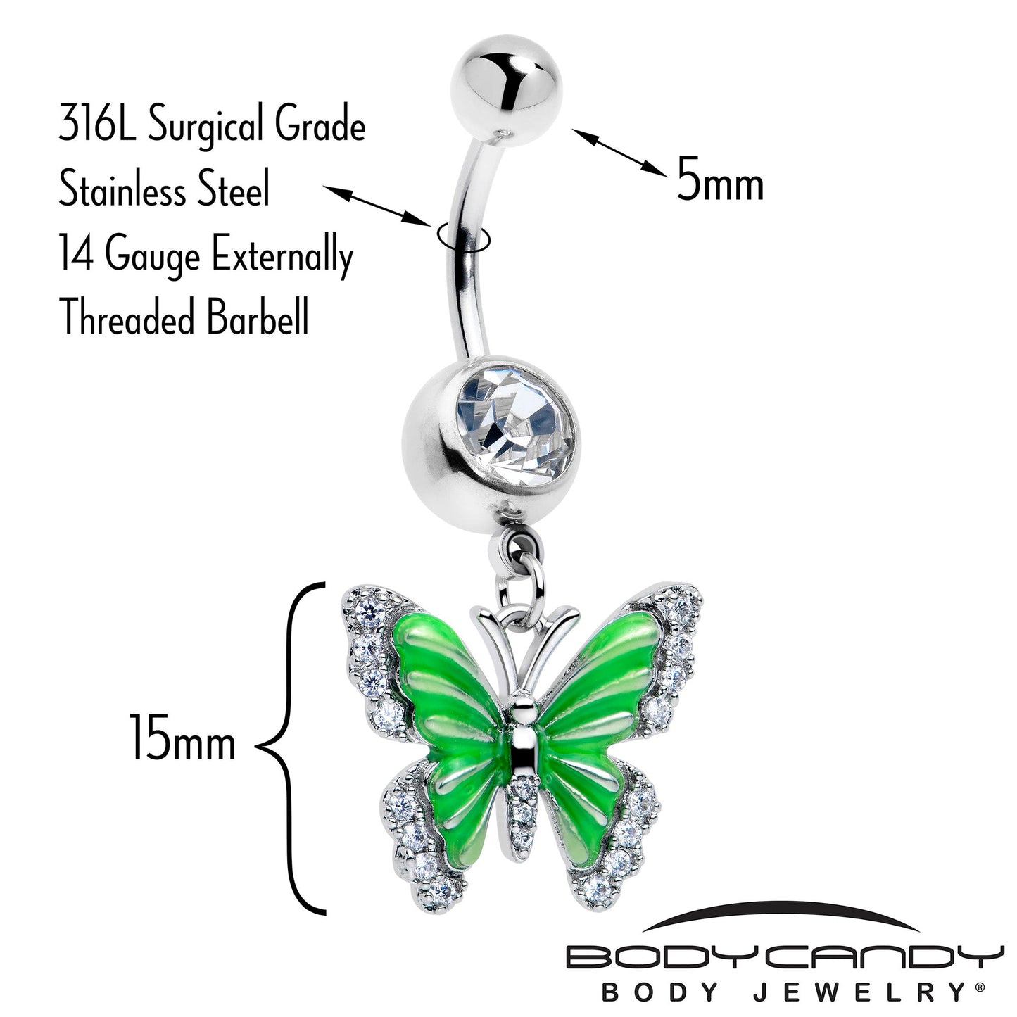 Clear CZ Gem Butterfly Green Dangle Belly Ring BodyCandy
