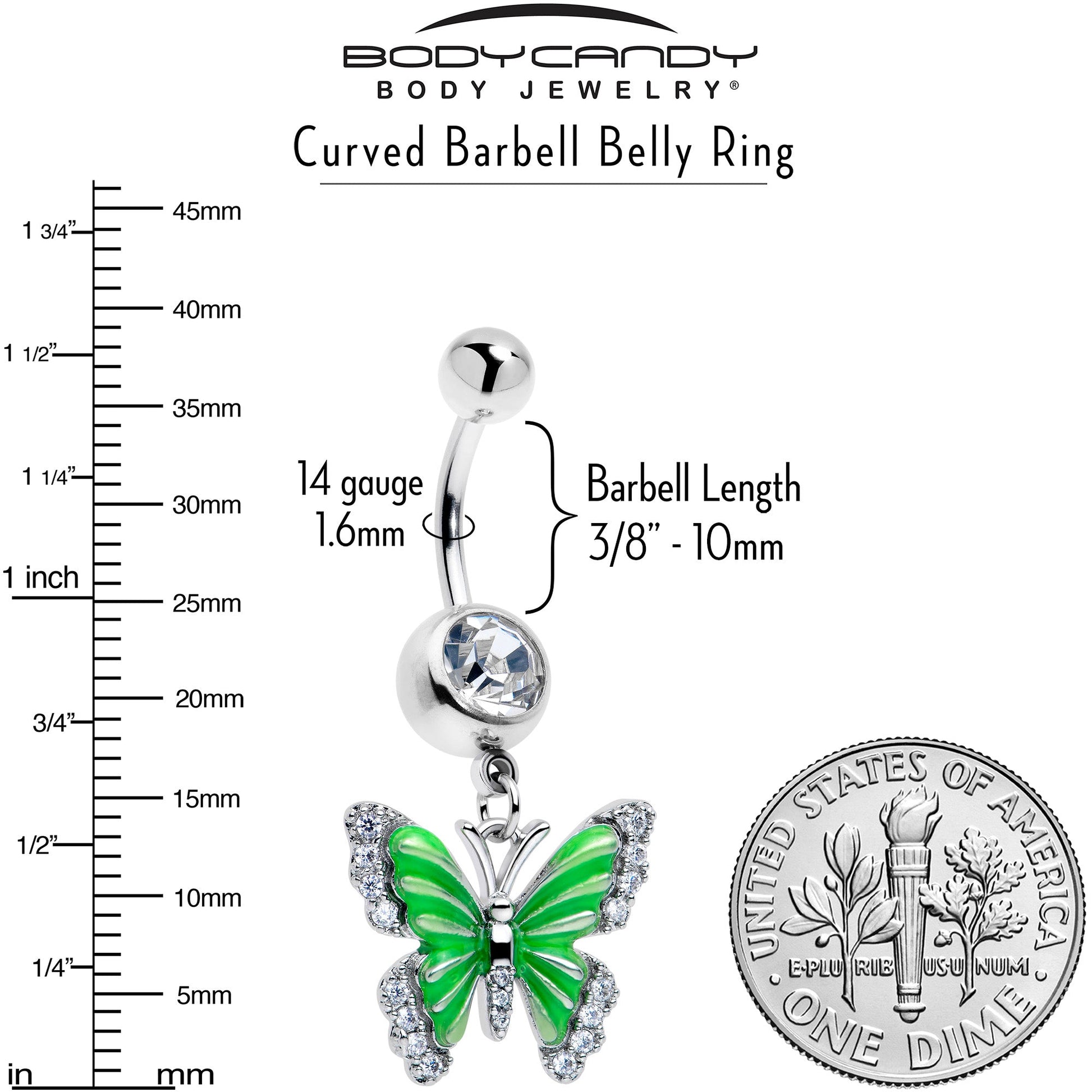 Clear CZ Gem Butterfly Green Dangle Belly Ring BodyCandy