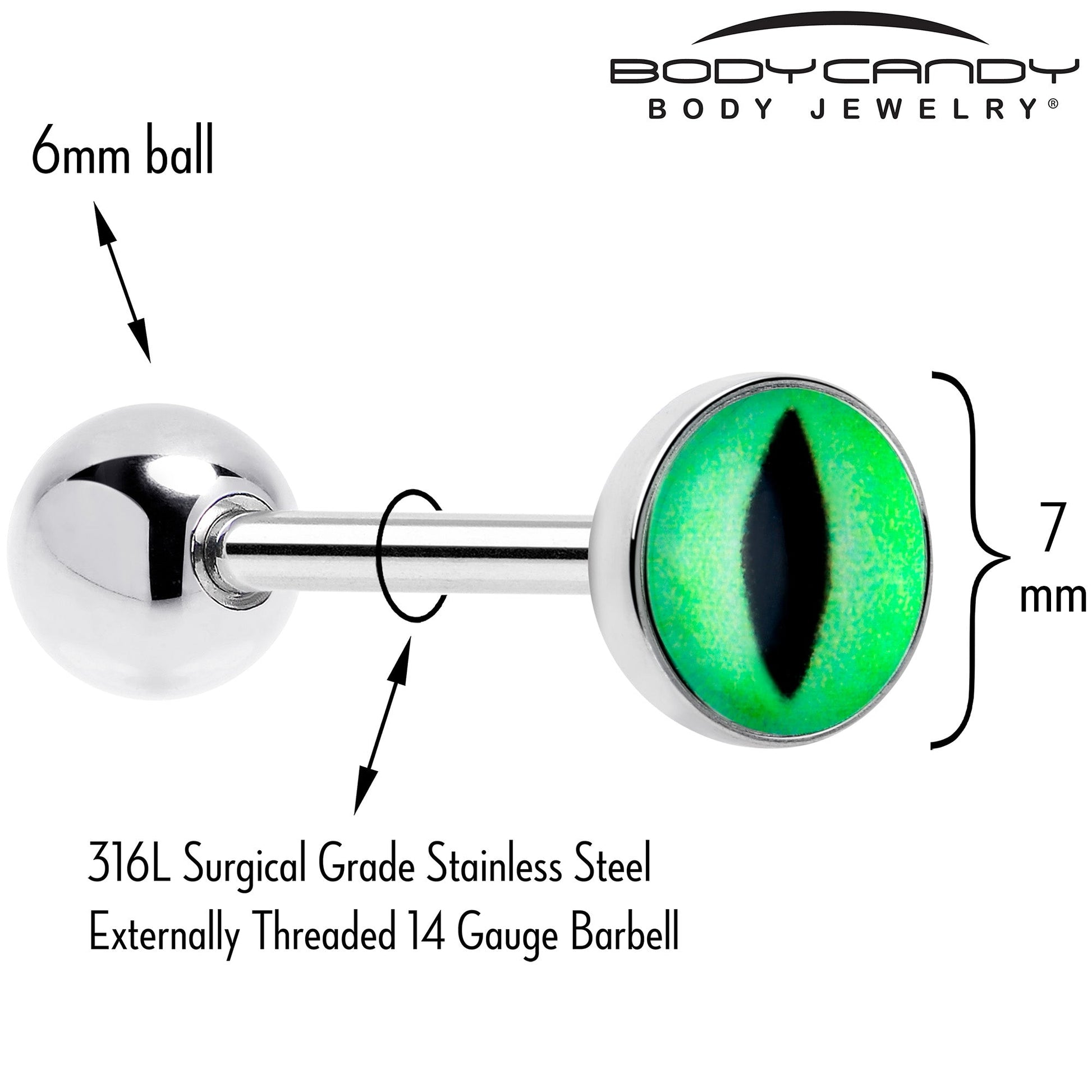 Kitty Green Eye UV Reactive Barbell Tongue Ring BodyCandy