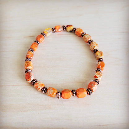 Genuine Regalite and Copper Stretch Beaded Bracelet Orange 812i