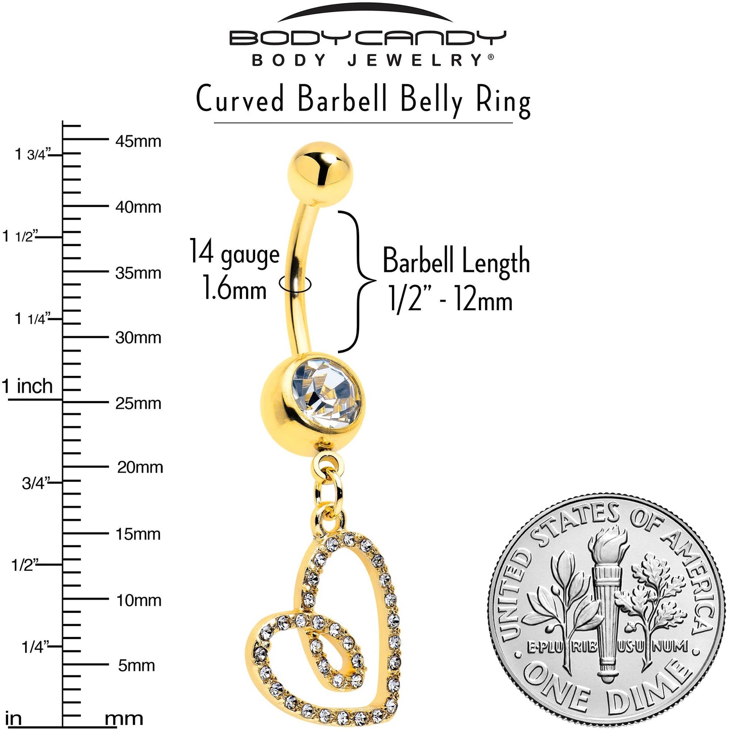 Clear CZ Gem Gold Tone Anodized Loopy Heart Dangle Belly Ring