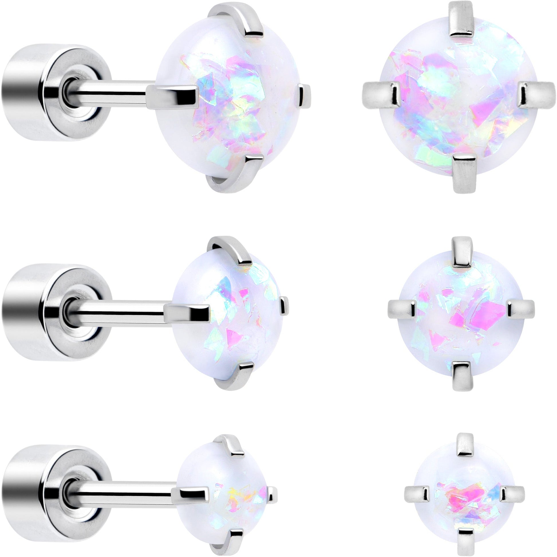 White Synthetic Opal Flat Back Stud Earrings - 3 Pairs BodyCandy