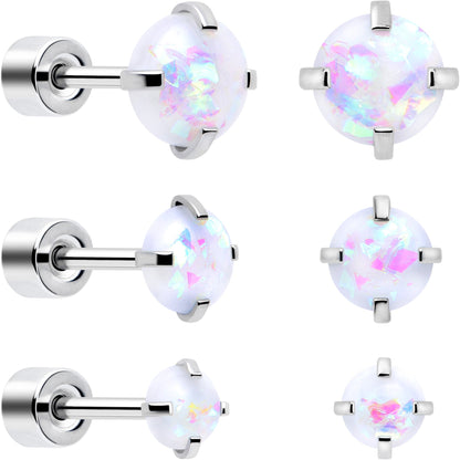 White Synthetic Opal Flat Back Stud Earrings - 3 Pairs BodyCandy
