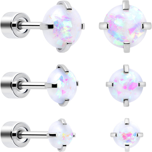 White Synthetic Opal Flat Back Stud Earrings - 3 Pairs BodyCandy