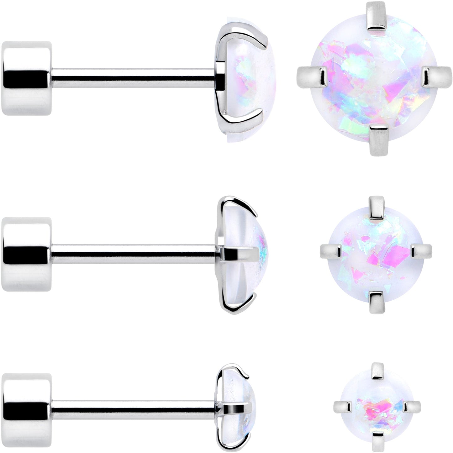 White Synthetic Opal Flat Back Stud Earrings - 3 Pairs BodyCandy