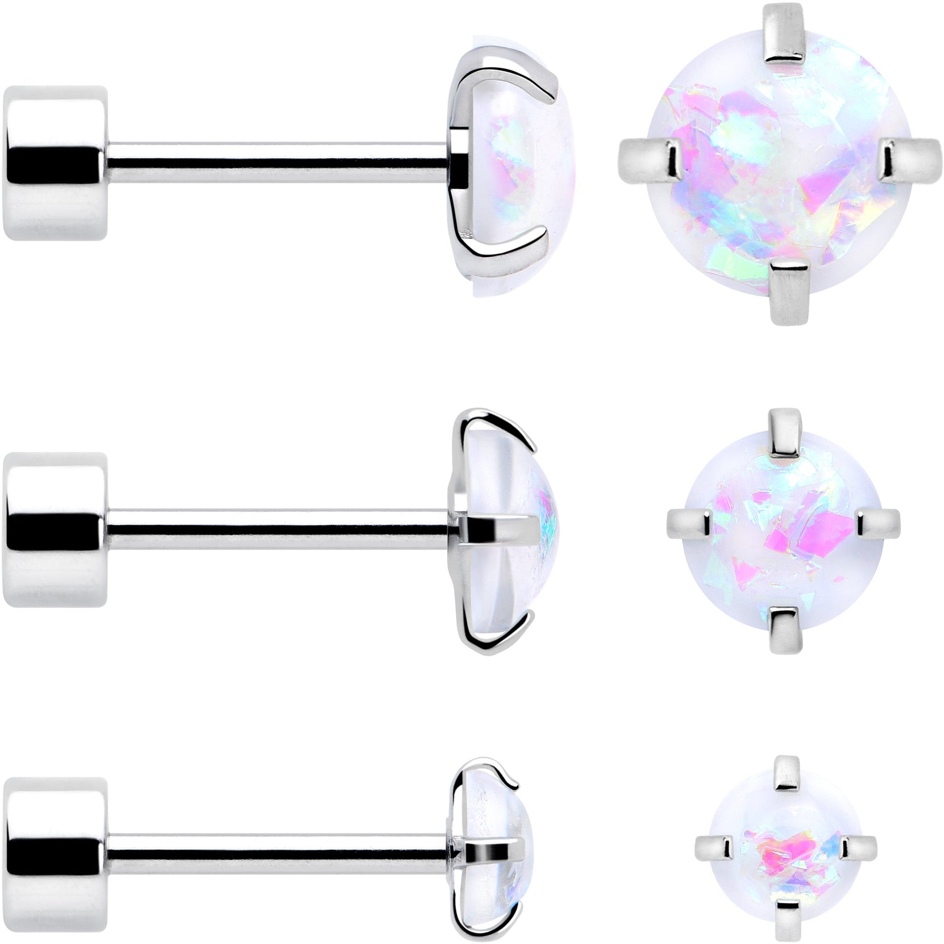 White Synthetic Opal Flat Back Stud Earrings - 3 Pairs BodyCandy