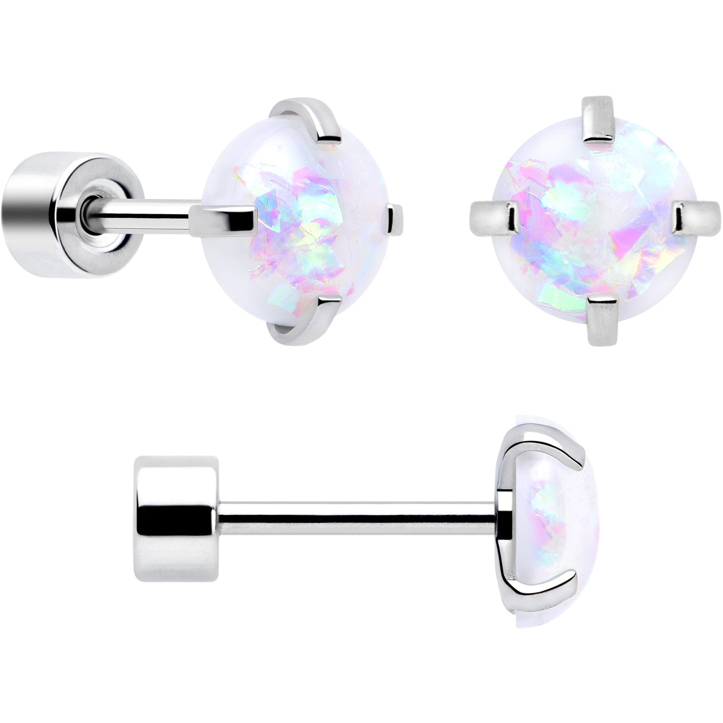 White Synthetic Opal Flat Back Stud Earrings - 3 Pairs BodyCandy