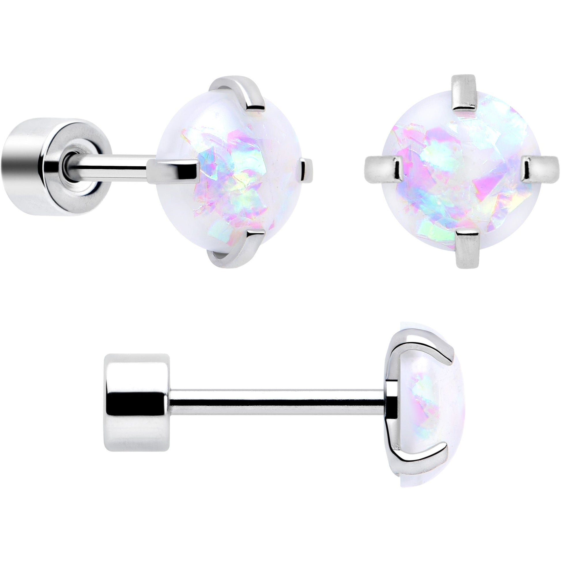 White Synthetic Opal Flat Back Stud Earrings - 3 Pairs BodyCandy