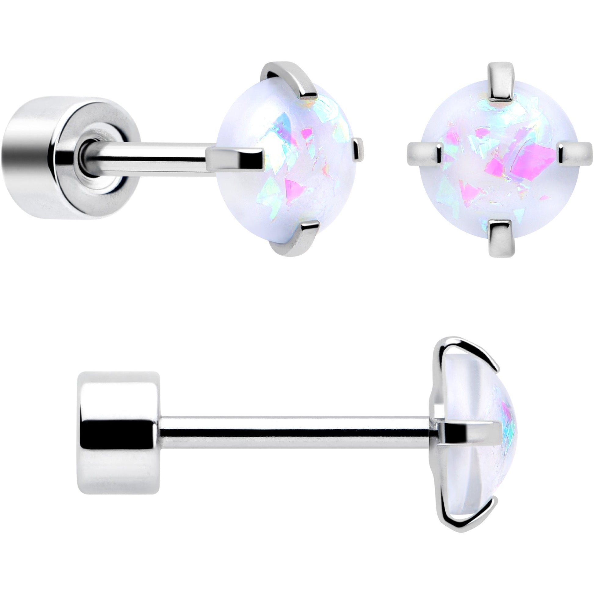 White Synthetic Opal Flat Back Stud Earrings - 3 Pairs BodyCandy
