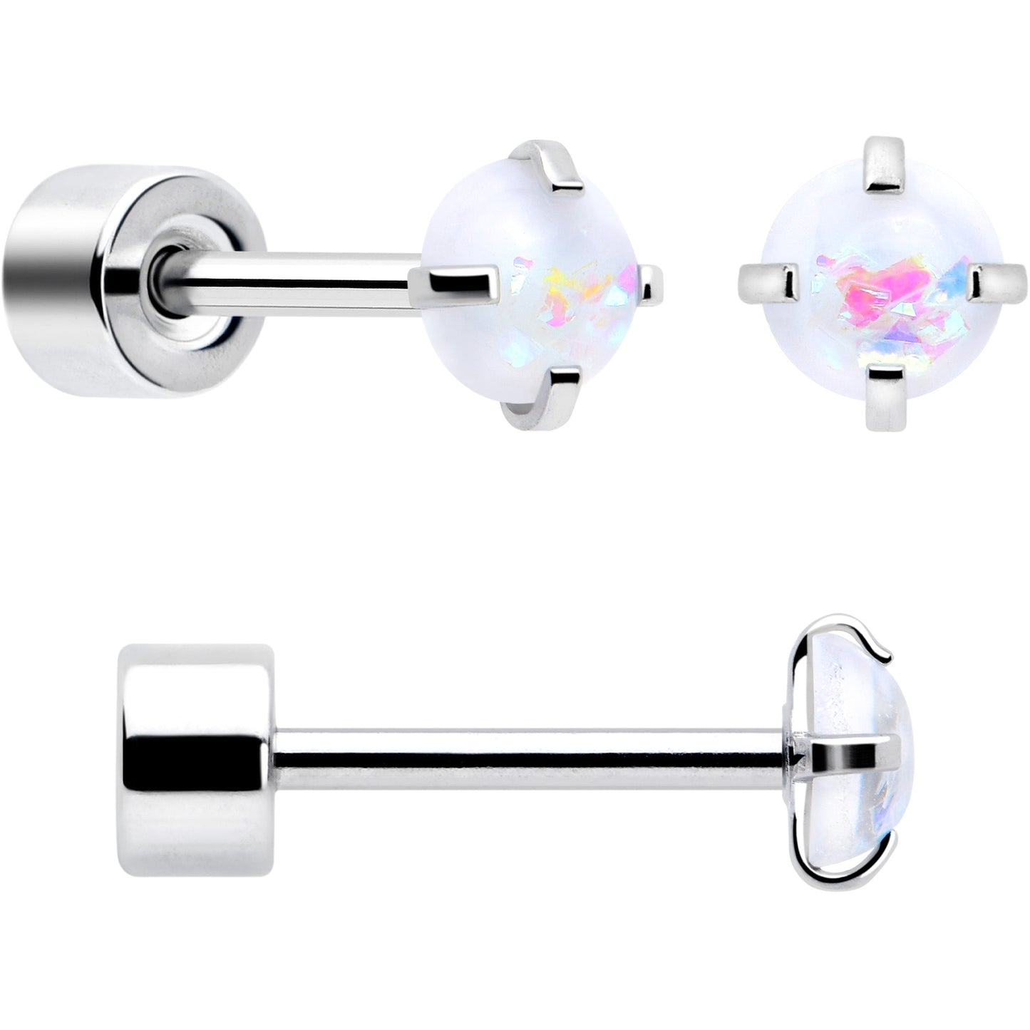 White Synthetic Opal Flat Back Stud Earrings - 3 Pairs BodyCandy