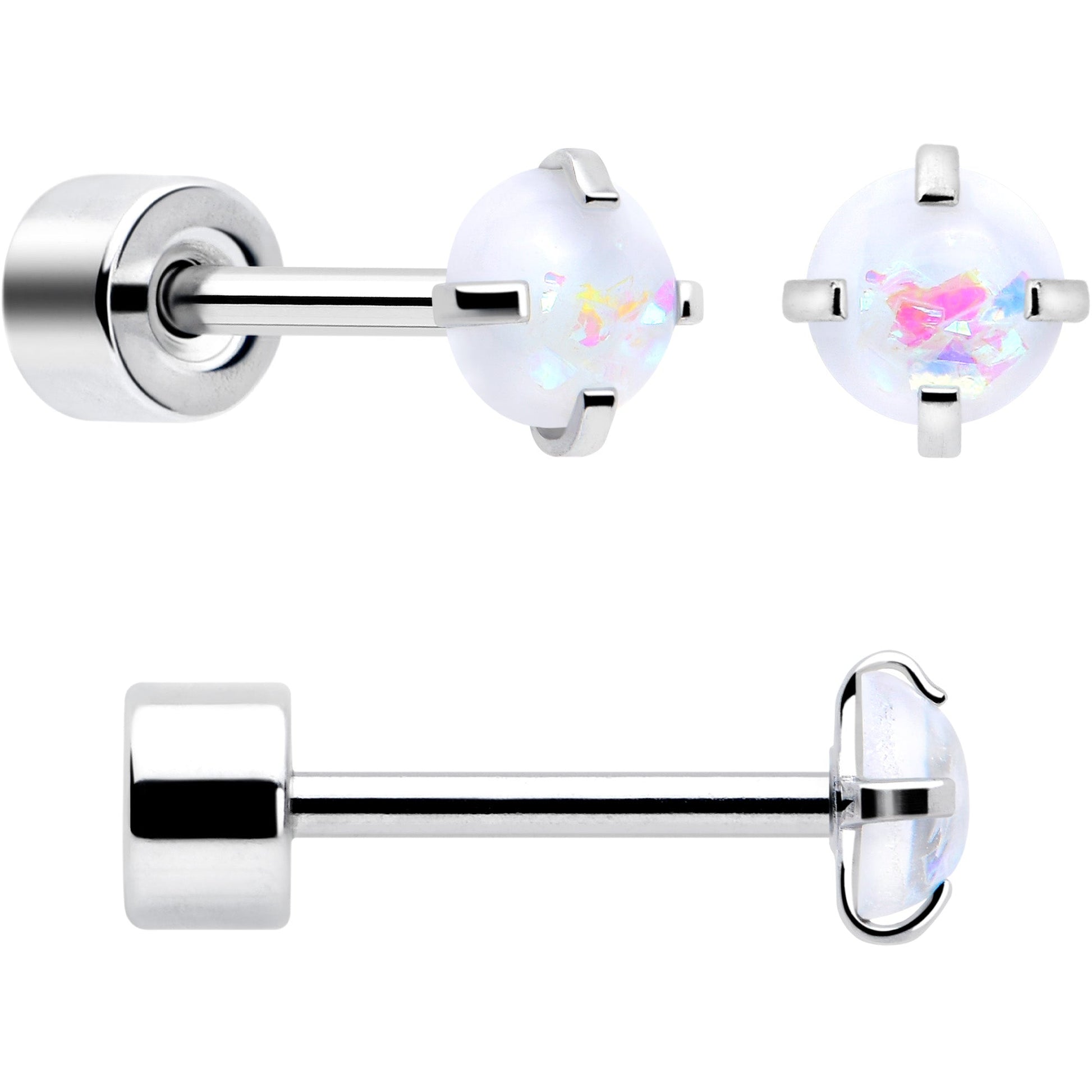 White Synthetic Opal Flat Back Stud Earrings - 3 Pairs BodyCandy
