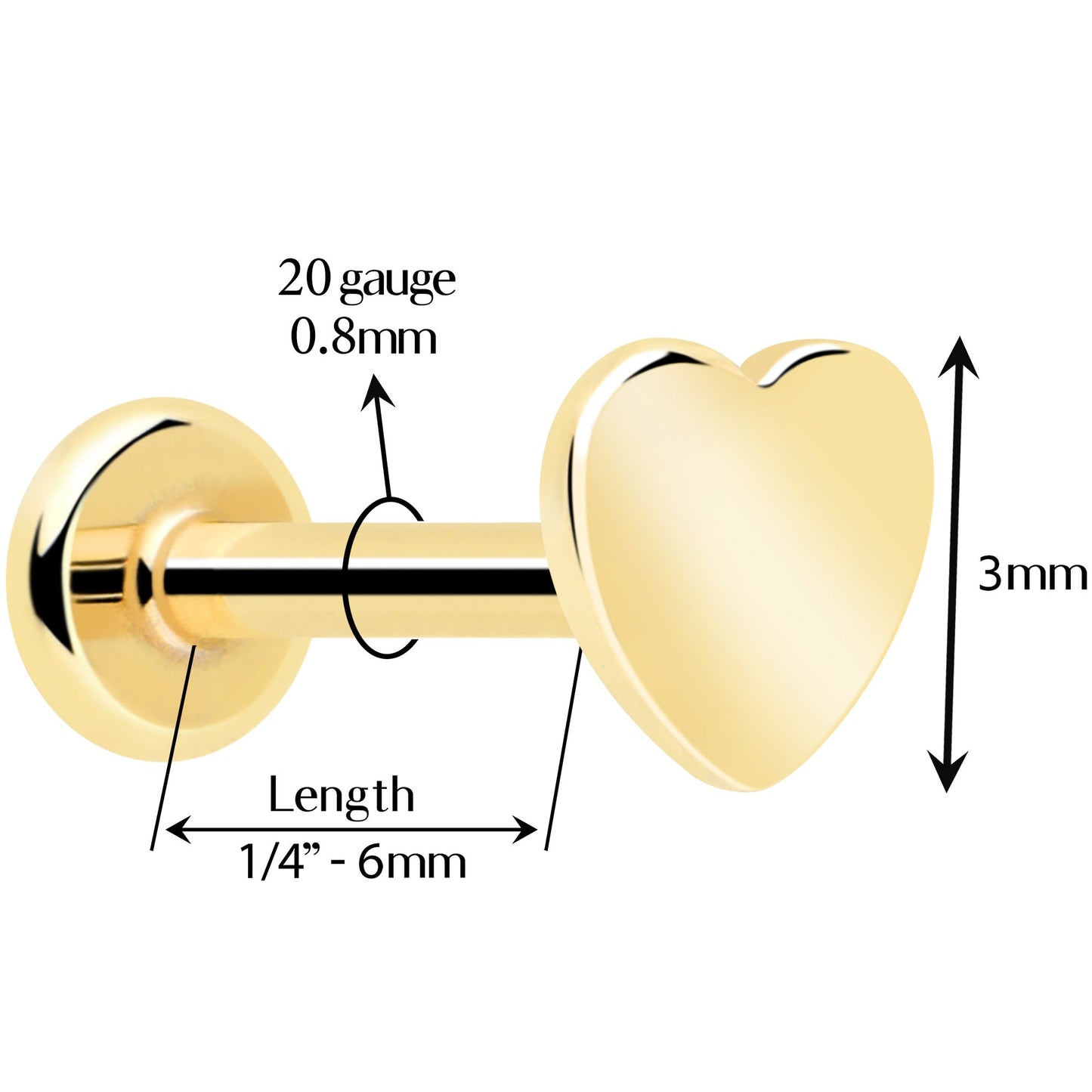 14k Solid Yellow Gold 3mm Heart Threadless Push In Flat Back Stud BodyCandy