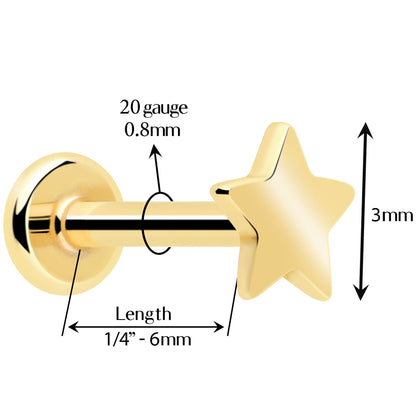 14k Solid Yellow Gold 3mm Star Threadless Push In Flat Back Stud BodyCandy
