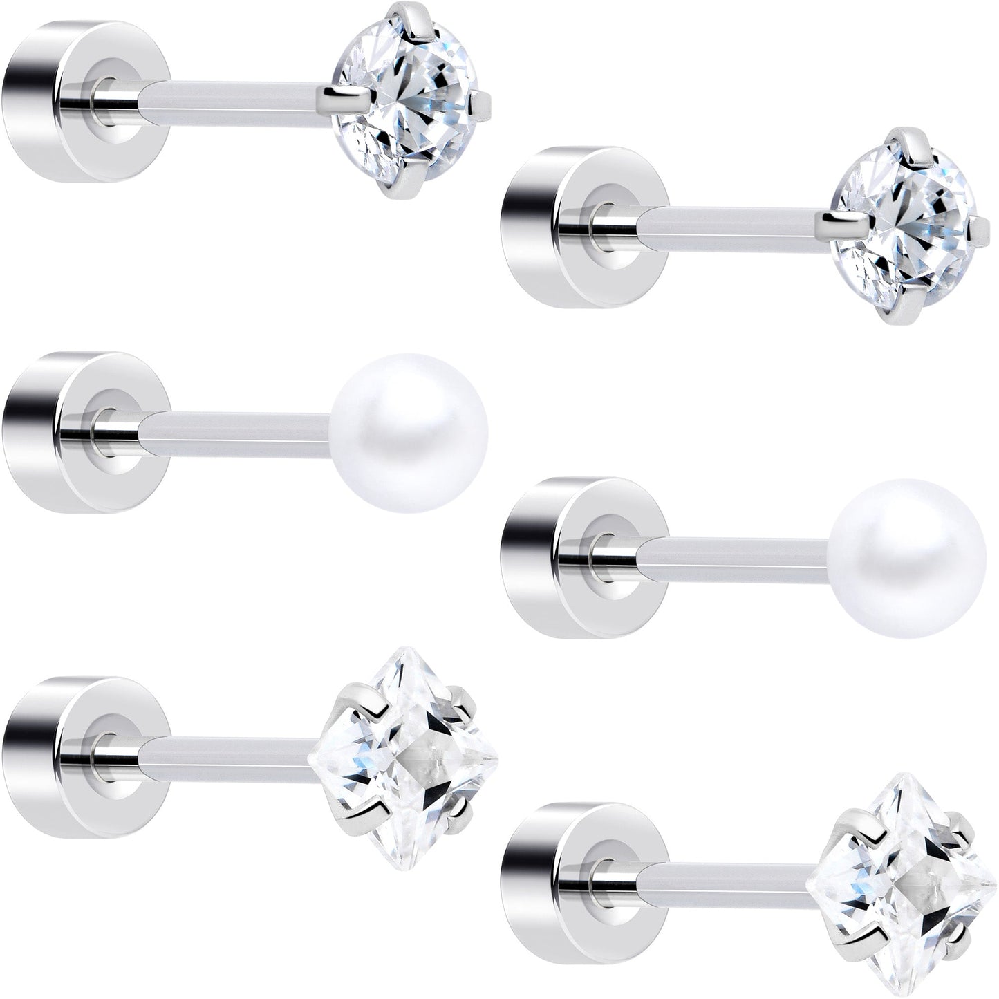 20G Clear Gem White Orb Flatback Earring Set of 6 BodyCandy