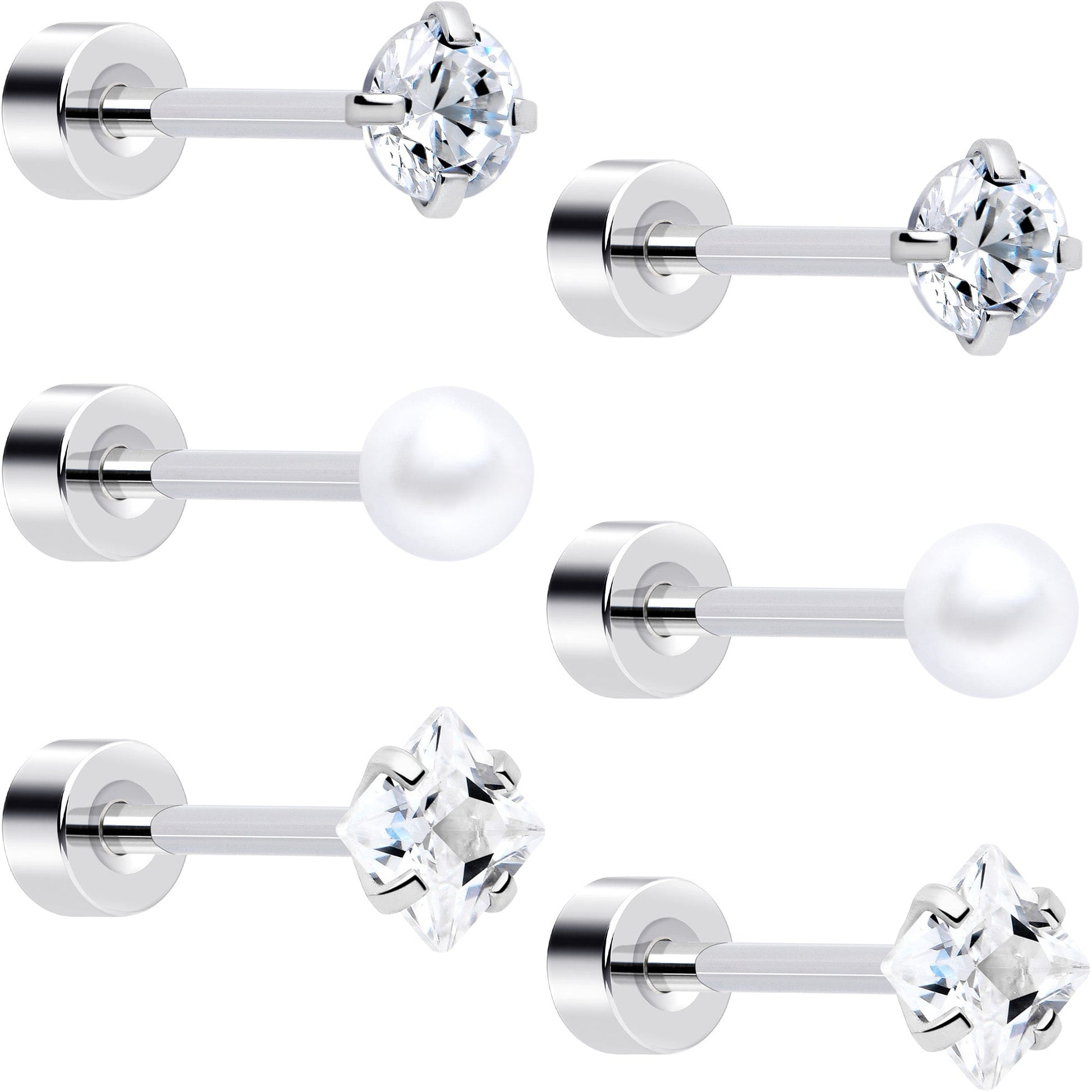 20G Clear Gem White Orb Flatback Earring Set of 6 BodyCandy