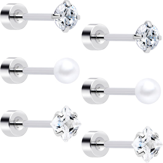 20G Clear Gem White Orb Flatback Earring Set of 6 BodyCandy