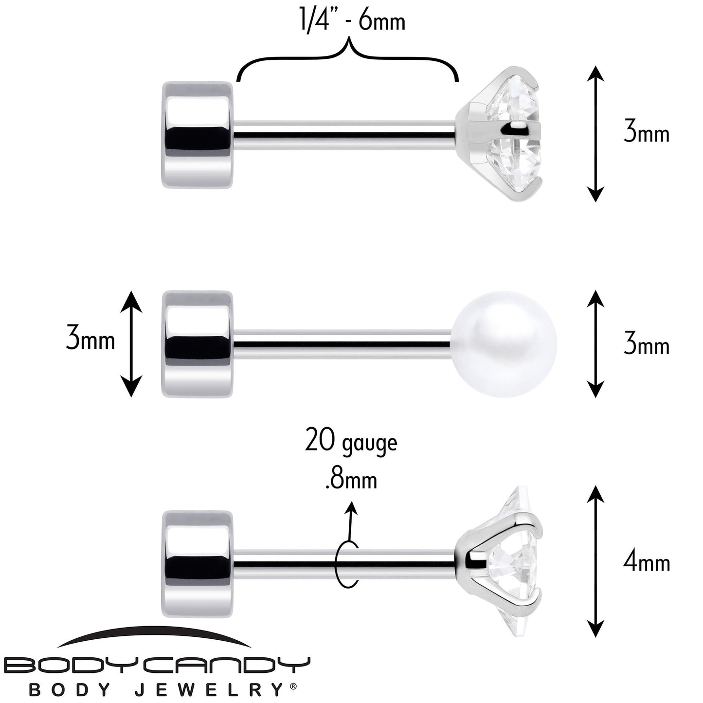 20G Clear Gem White Orb Flatback Earring Set of 6 BodyCandy