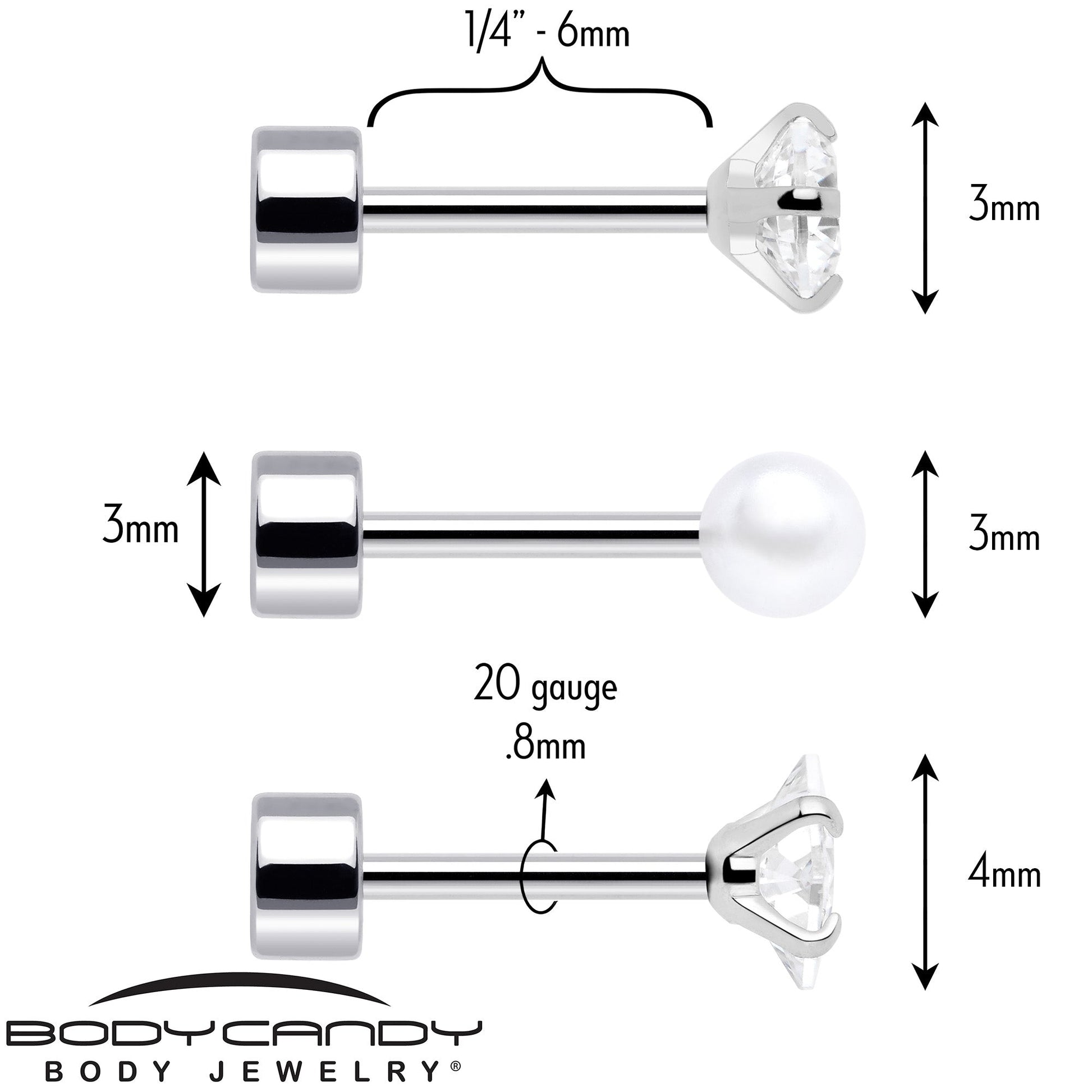 20G Clear Gem White Orb Flatback Earring Set of 6 BodyCandy