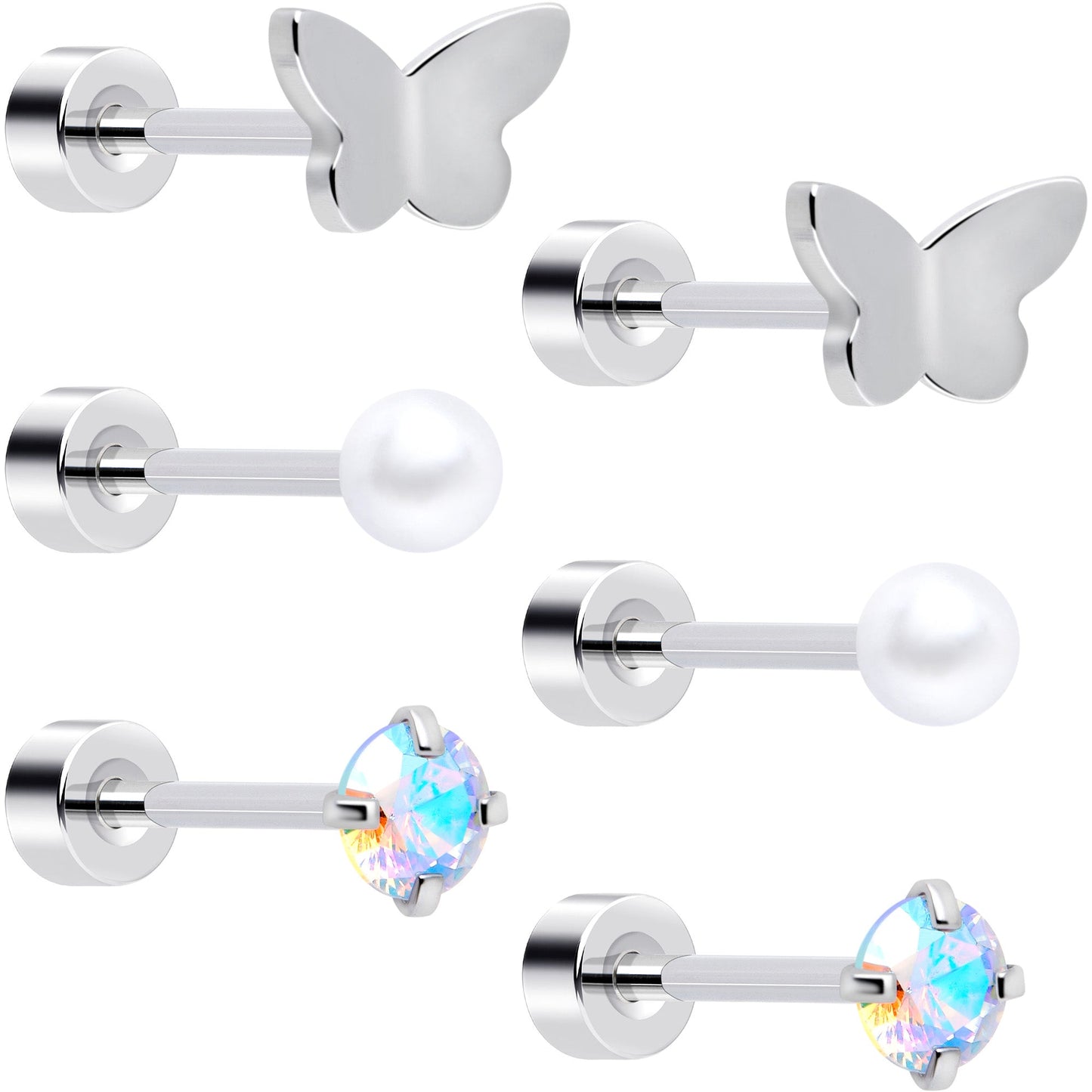 20G Aurora Gem White Orb Butterfly Flatback Earring Set of 6 BodyCandy
