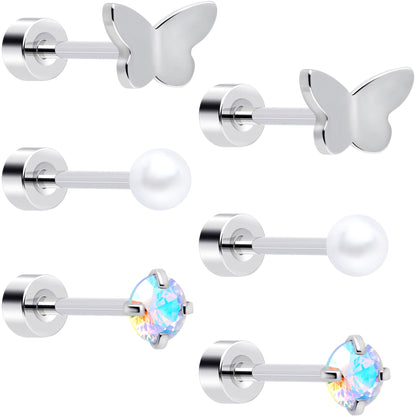 20G Aurora Gem White Orb Butterfly Flatback Earring Set of 6 BodyCandy