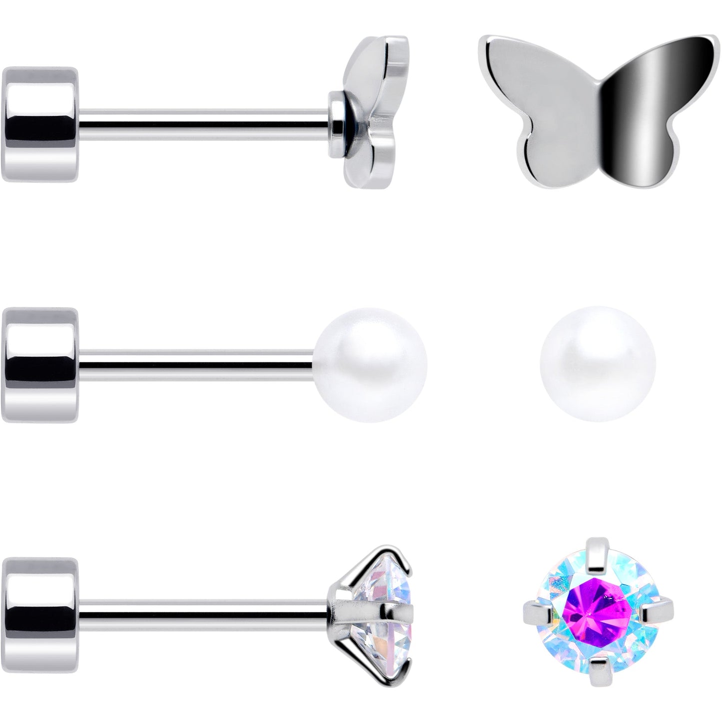 20G Aurora Gem White Orb Butterfly Flatback Earring Set of 6 BodyCandy