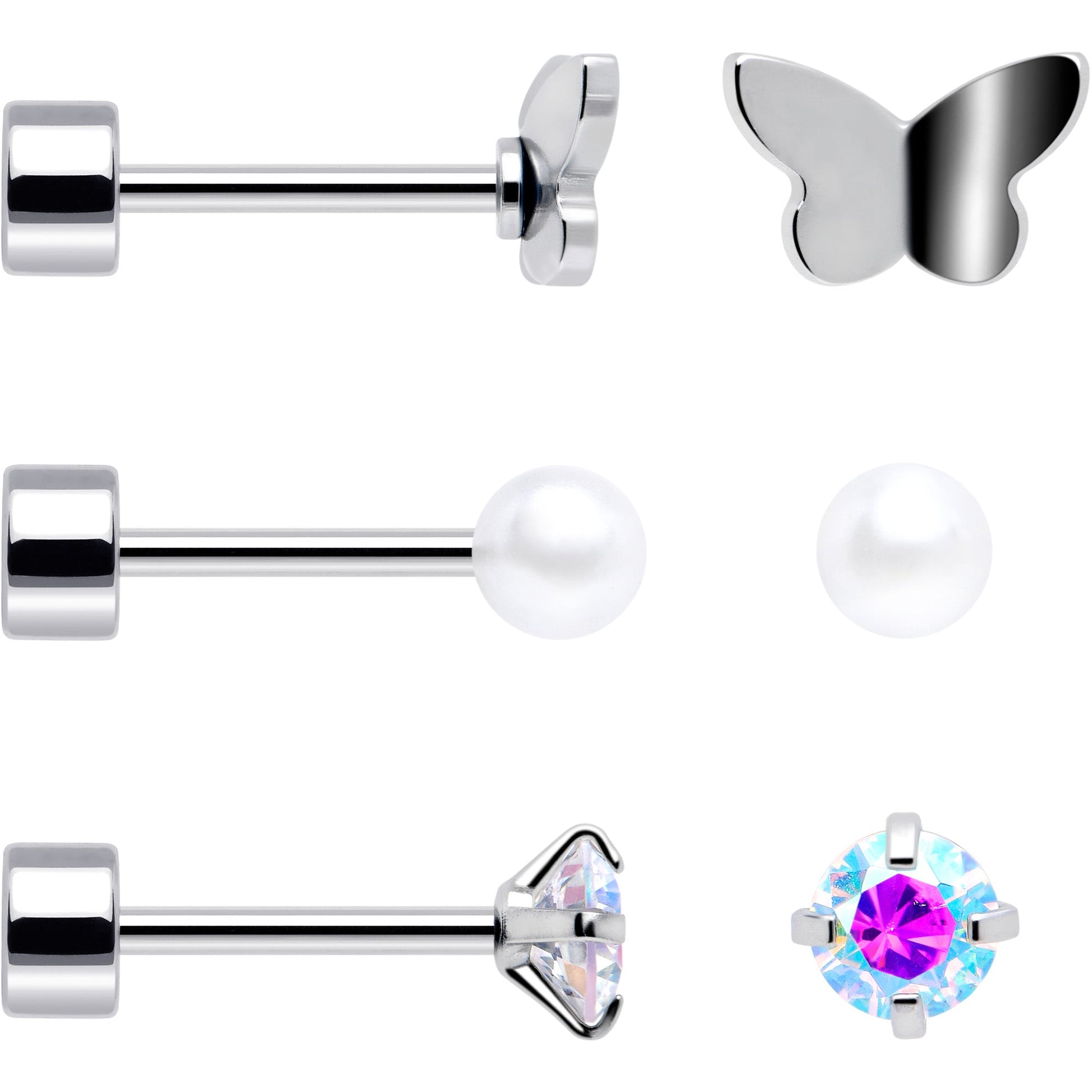20G Aurora Gem White Orb Butterfly Flatback Earring Set of 6 BodyCandy