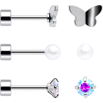 20G Aurora Gem White Orb Butterfly Flatback Earring Set of 6 BodyCandy