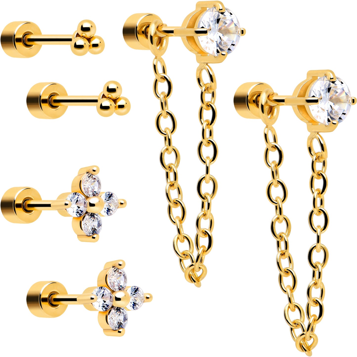 20G Clear Gem Gold Tone Ball Chain Dangle Flatback Earring Set of 6 BodyCandy