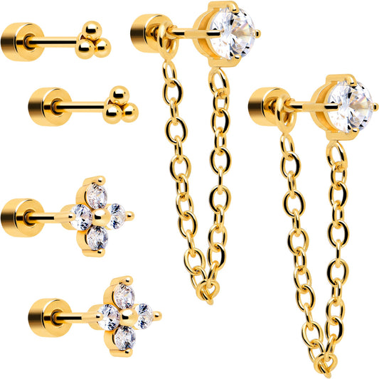 20G Clear Gem Gold Tone Ball Chain Dangle Flatback Earring Set of 6 BodyCandy