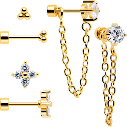 20G Clear Gem Gold Tone Ball Chain Dangle Flatback Earring Set of 6 BodyCandy