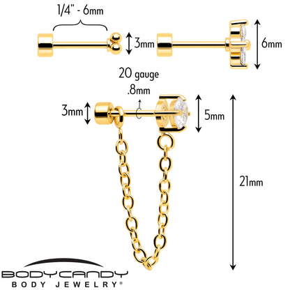 20G Clear Gem Gold Tone Ball Chain Dangle Flatback Earring Set of 6 BodyCandy