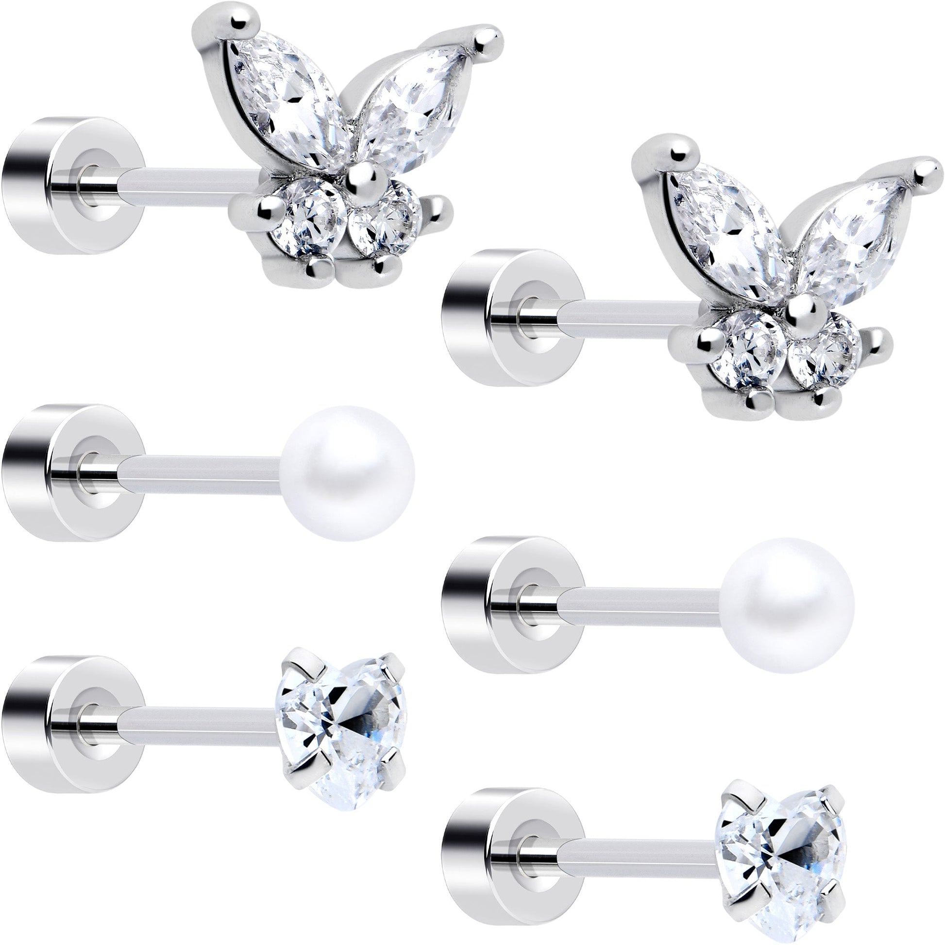 20G Clear Gem White Orb Butterfly Flatback Earring Set of 6 BodyCandy