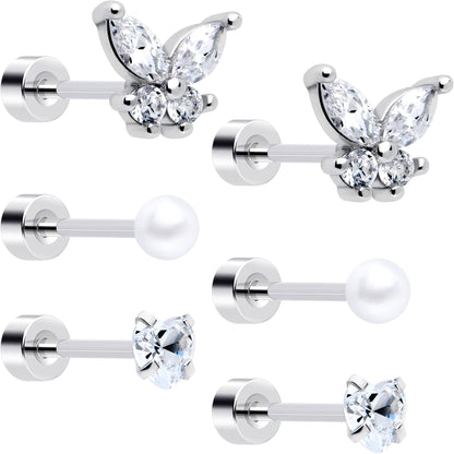 20G Clear Gem White Orb Butterfly Flatback Earring Set of 6 BodyCandy