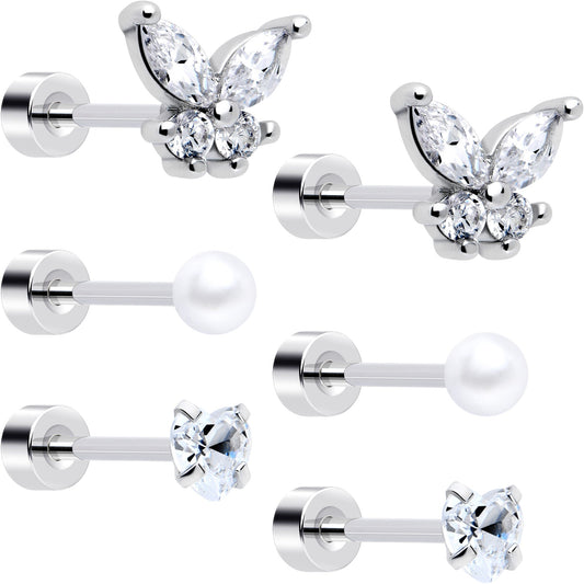 20G Clear Gem White Orb Butterfly Flatback Earring Set of 6 BodyCandy